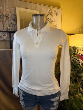 Aéropostale White Long Sleeve Polo Shirt Size S